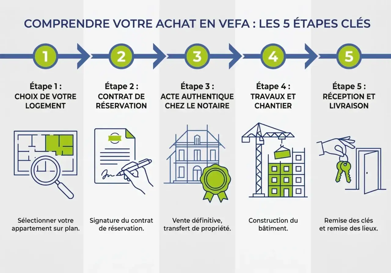 Comprendre les 5 étapes clés pour acheter dans le neuf en VEFA : choix du logement, contrat, acte notarié, travaux, réception.