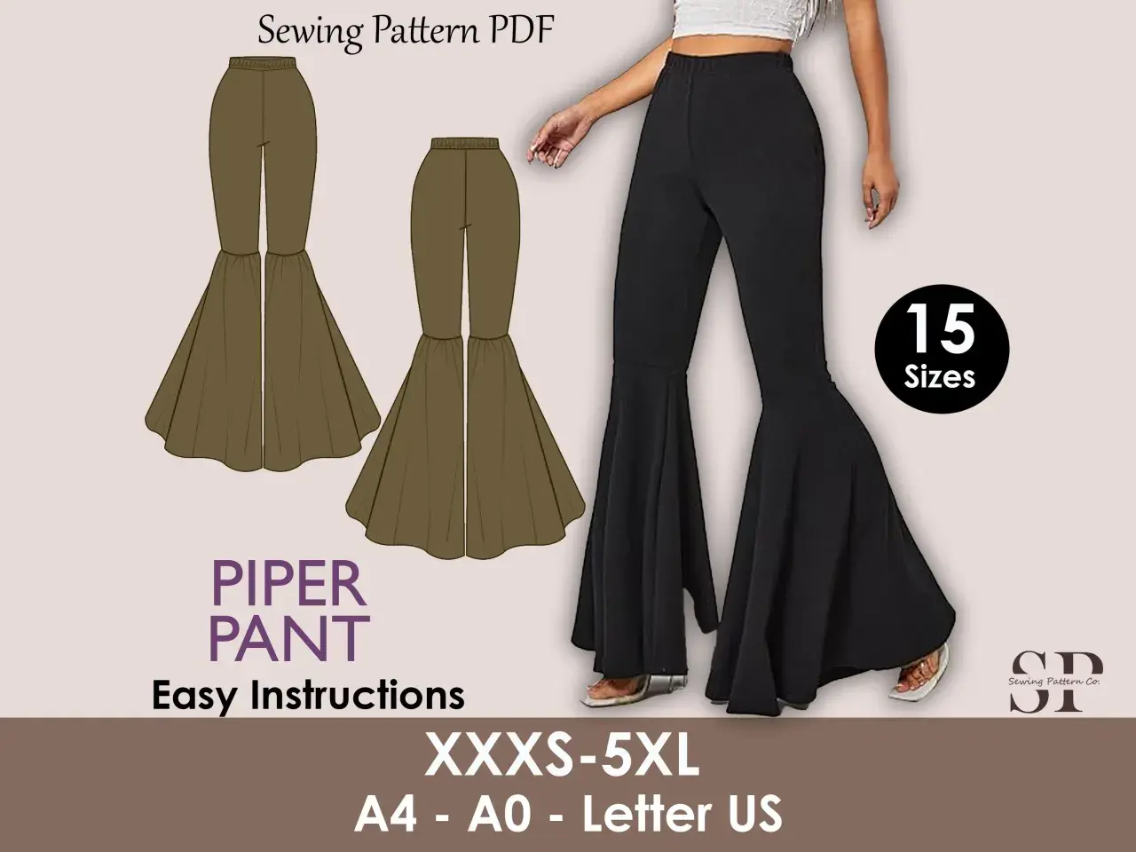 Wzór na spodnie dzwony "Piper Pant" z instrukcjami. Dostępne w 15 rozmiarach.