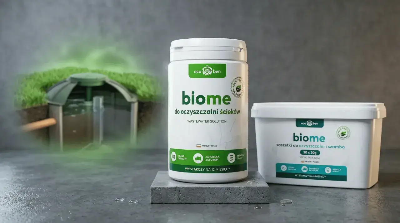 Produkty "biome" do oczyszczalni ścieków i szamba, z zieloną mgiełką nad oczyszczalnią.