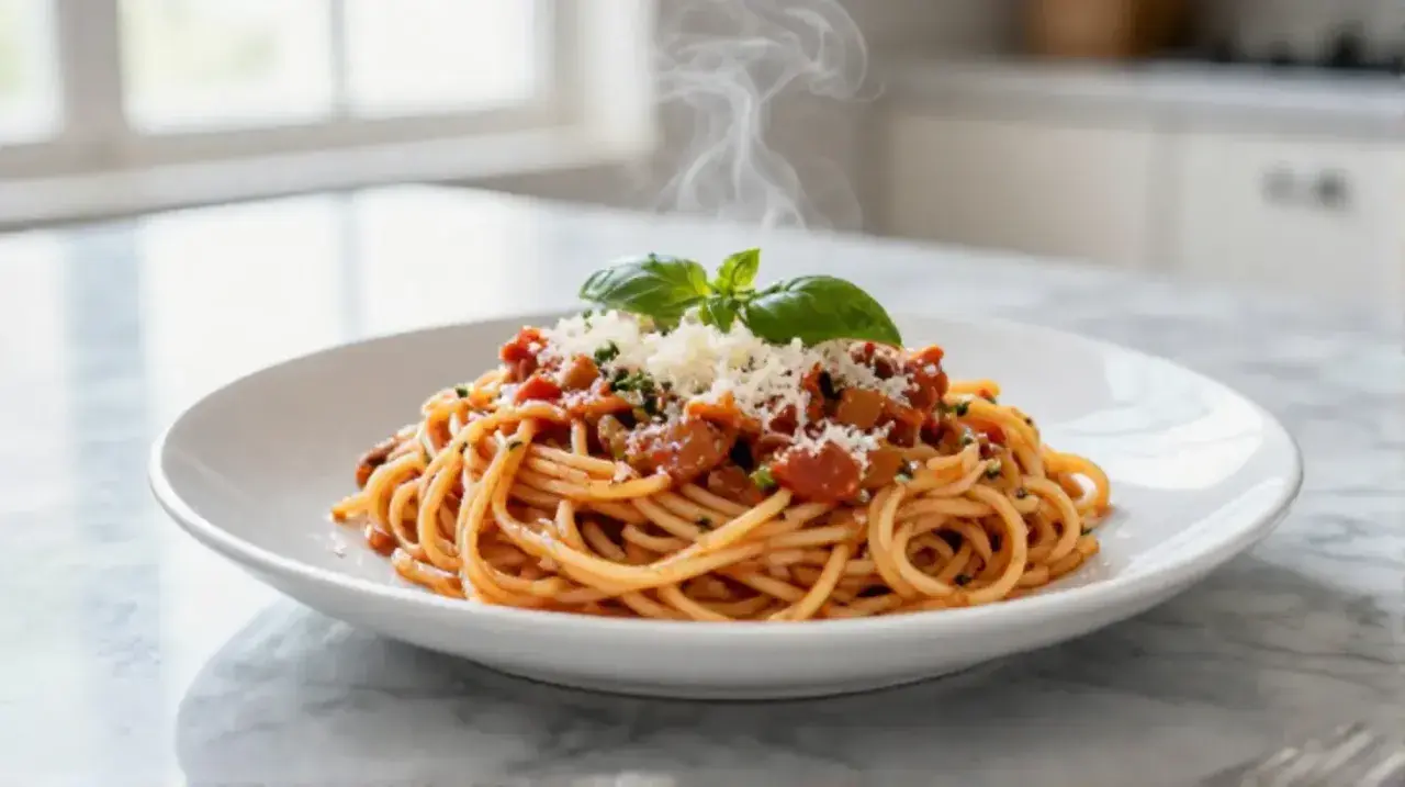 Un plat fumant de spaghetti bolognaise, garni de basilic frais et de parmesan râpé, prêt à être dégusté.