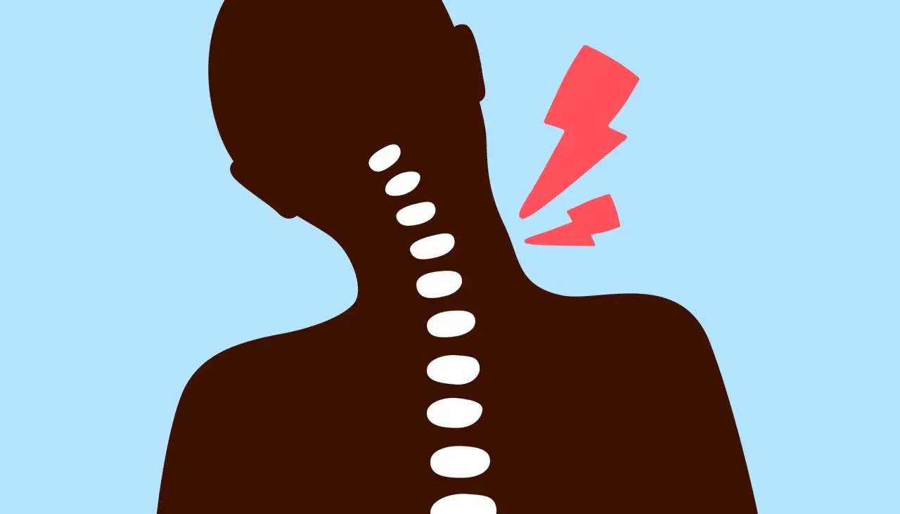 Silhouette d'une personne avec une colonne vertébrale visible, souffrant d'un torticolis sévère marqué par des éclairs rouges.