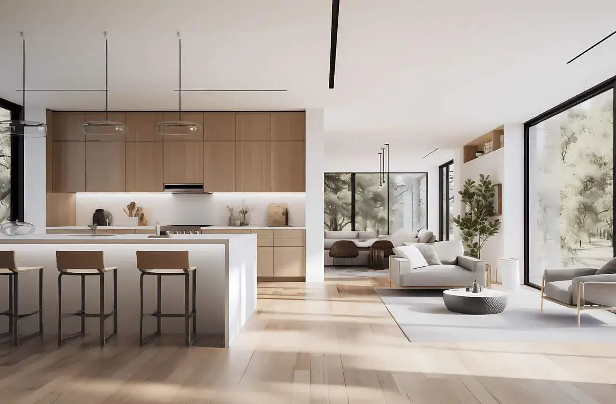 Cuisine moderne et salon lumineux avec mobilier design. Pensez au mobilier déductible frais notaire pour votre futur achat.