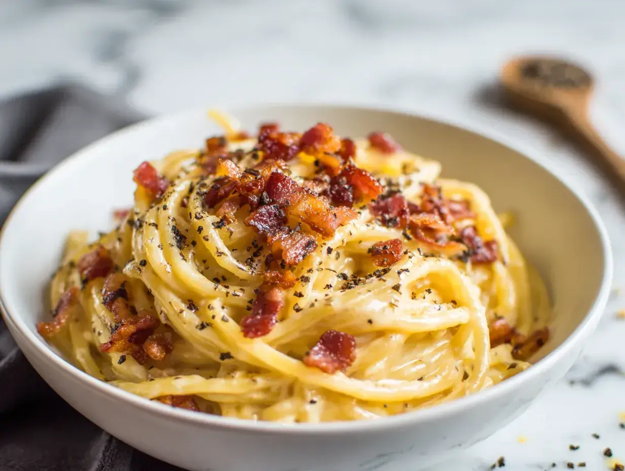 En skål med krämig pasta alla gricia, toppad med krispigt bacon och nymalen svartpeppar.