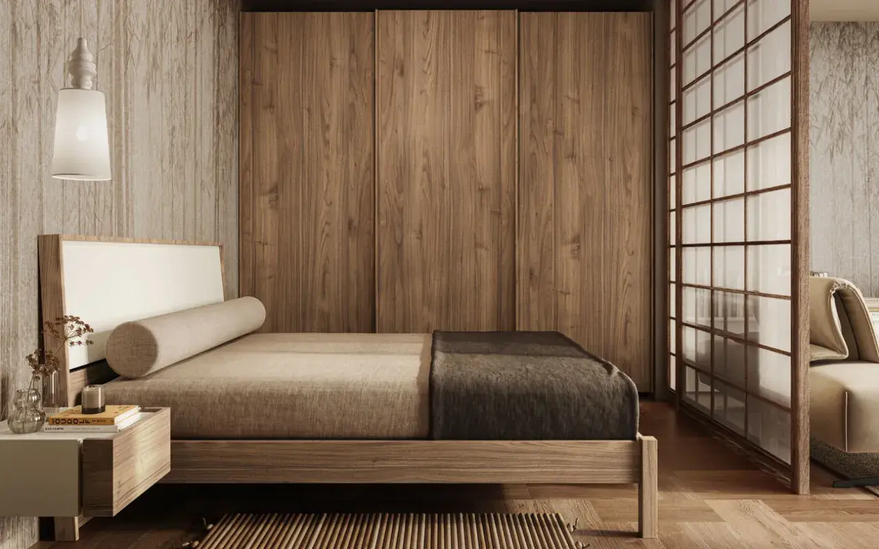 Camera da letto in stile japandi con letto basso, armadio in legno e divisorio shoji.