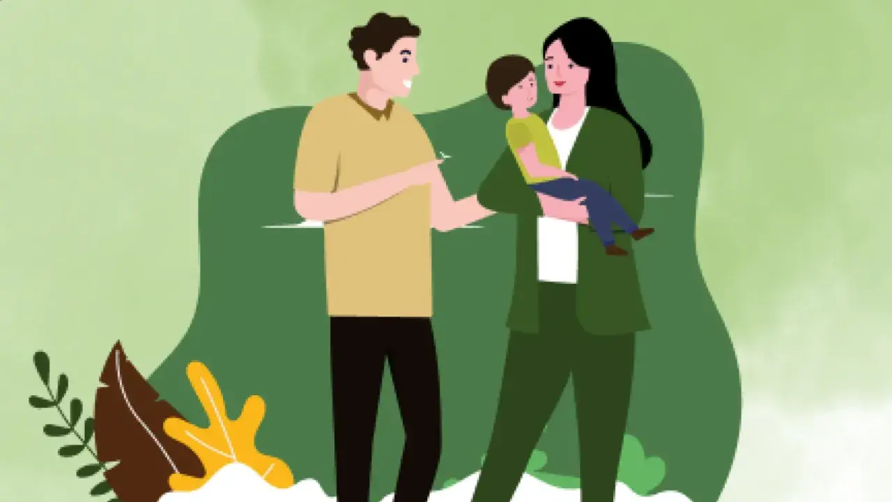 Familie im Gespräch über ADHS. Ist ADHS vererbbar? Die Eltern und ihr Kind stehen im Grünen.