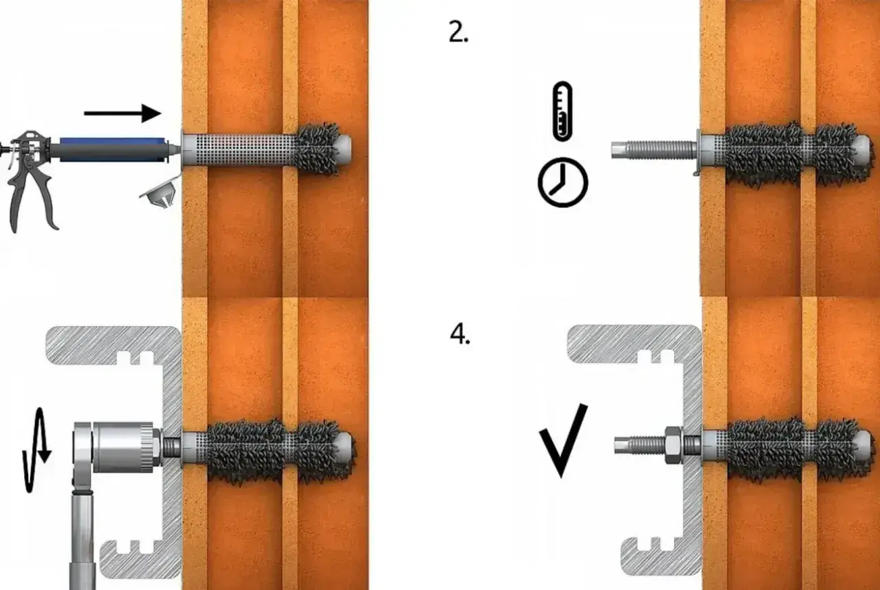 Instrukcja montażu kotew chemicznych: aplikacja żywicy, czekanie, dokręcanie śruby. Gotowe!