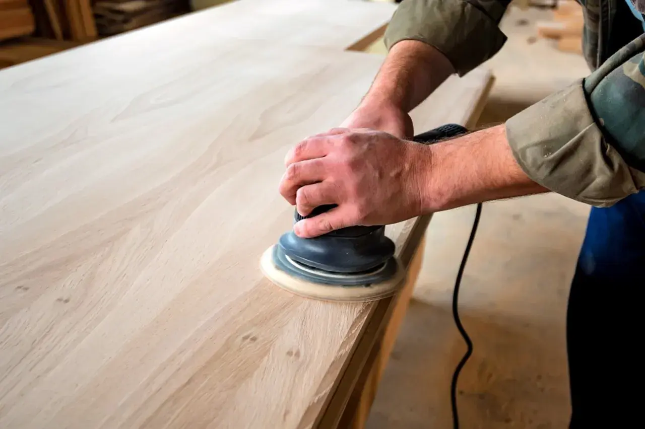 Man lijando madera con una lijadora orbital, preparando una superficie lisa para un proyecto.