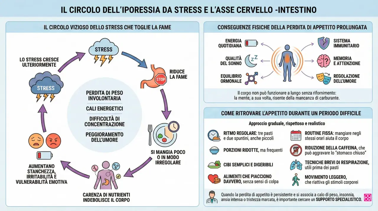 Il diagramma illustra le conseguenze dello stress prolungato sull'appetito, portando a perdita di peso, cali energetici e peggioramento dell'umore.