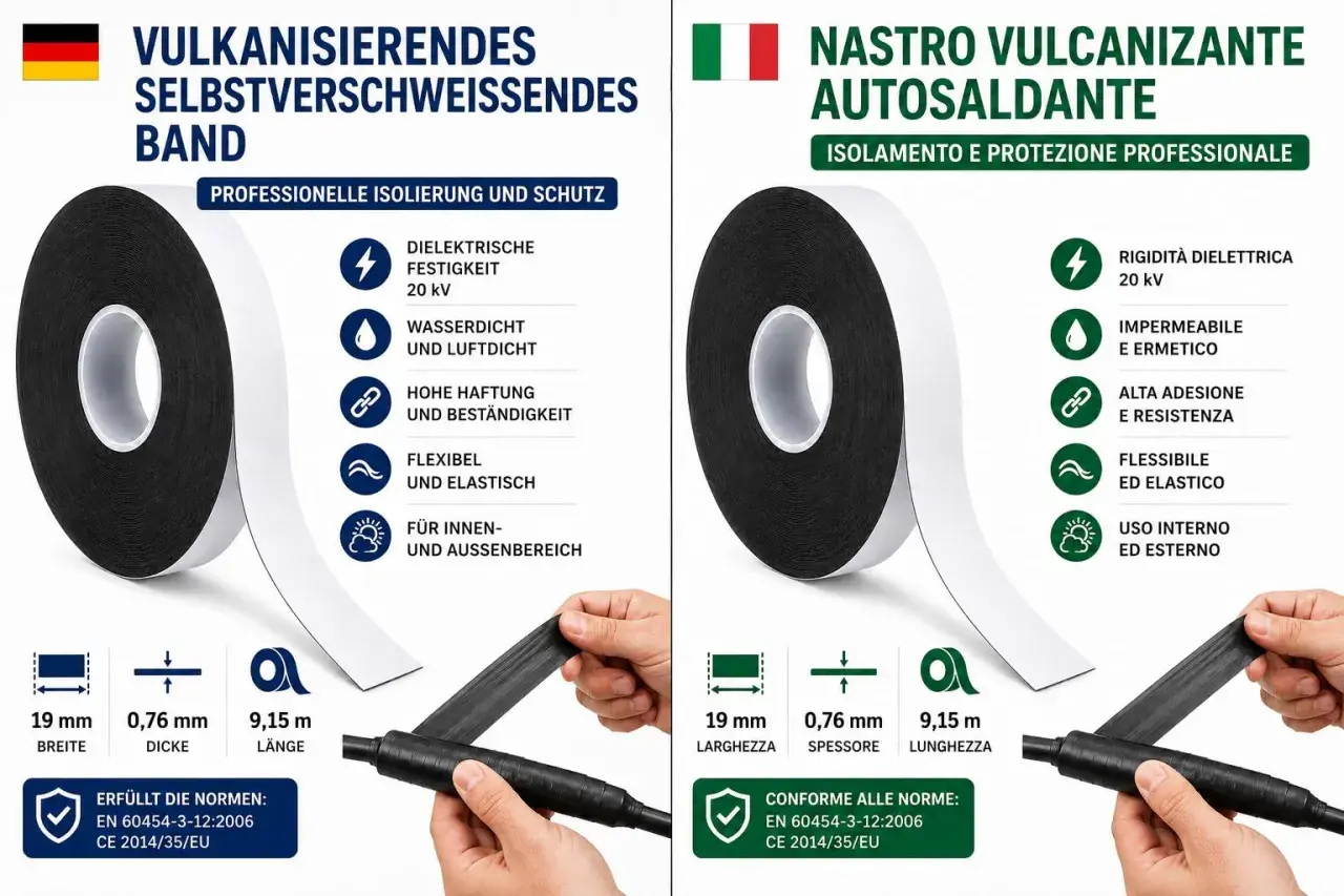Cinta vulcanizada para aislamiento y protección profesional. Es impermeable, flexible y de alta adhesión.