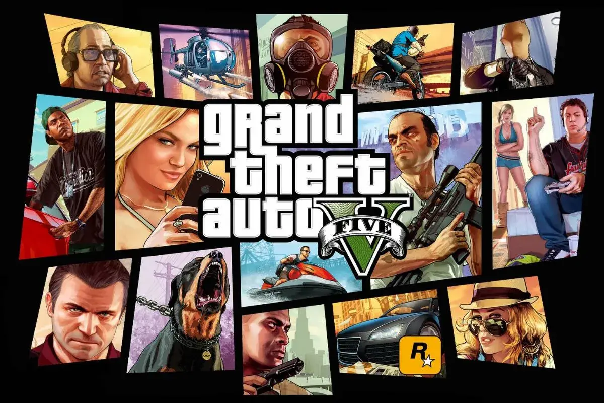 Kody GTA V PS5: kolaż postaci, pojazdów i logo gry.