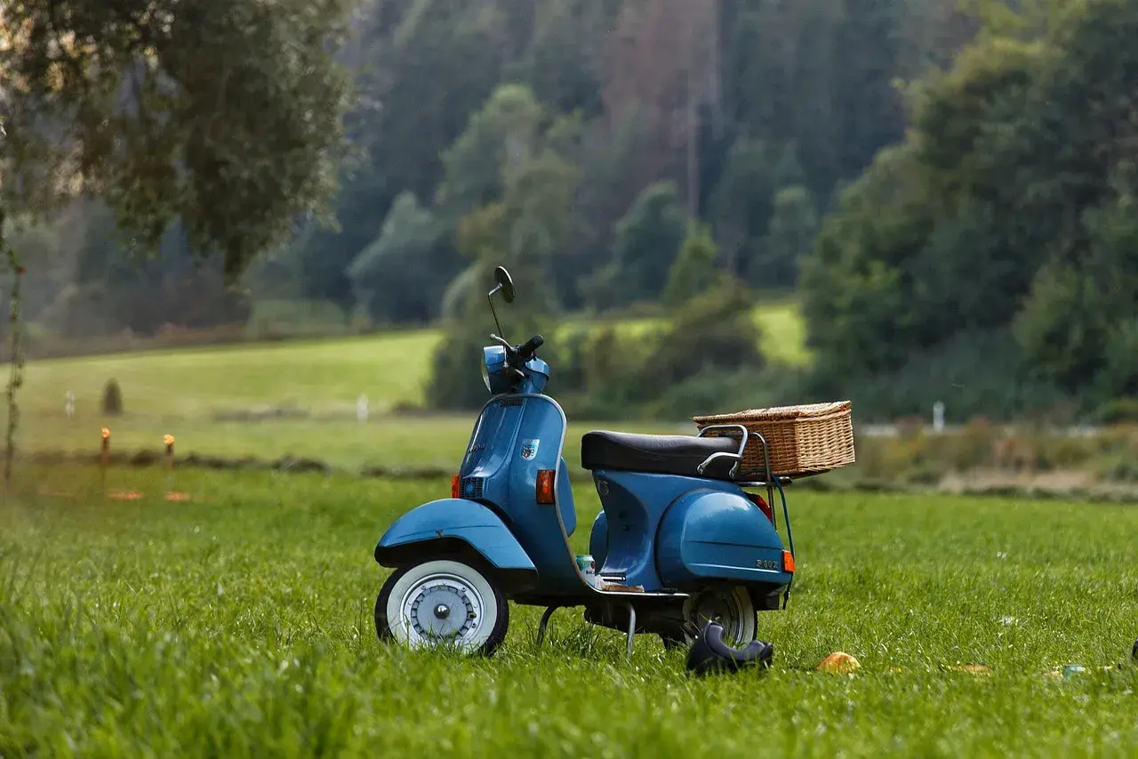 Niebieska Vespa z wiklinowym koszem na bagażniku, zaparkowana na trawie. Wygląda jakby czekała na przegląd skutera po terminie, gotowa na letnią przygodę.