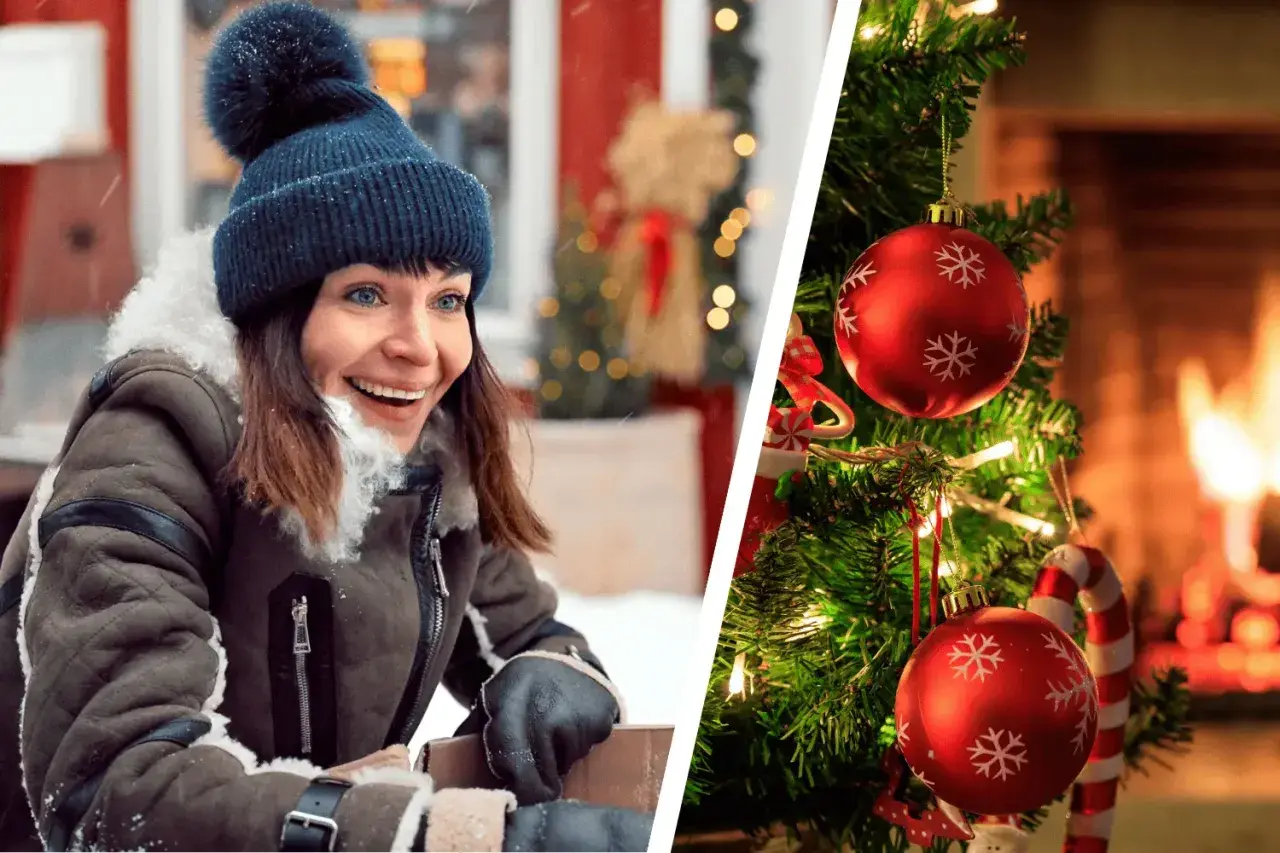Glad kvinna i vinterkläder och julgranspynt. Perfekt för svenska julfilmer!