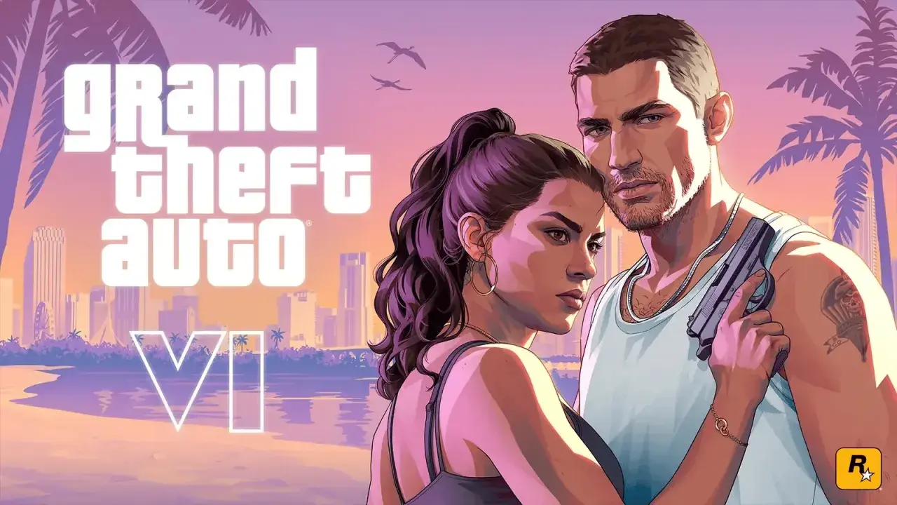 Das Cover von Rockstar Games GTA 6 zeigt ein Paar am Strand vor einer Stadtkulisse bei Sonnenuntergang.