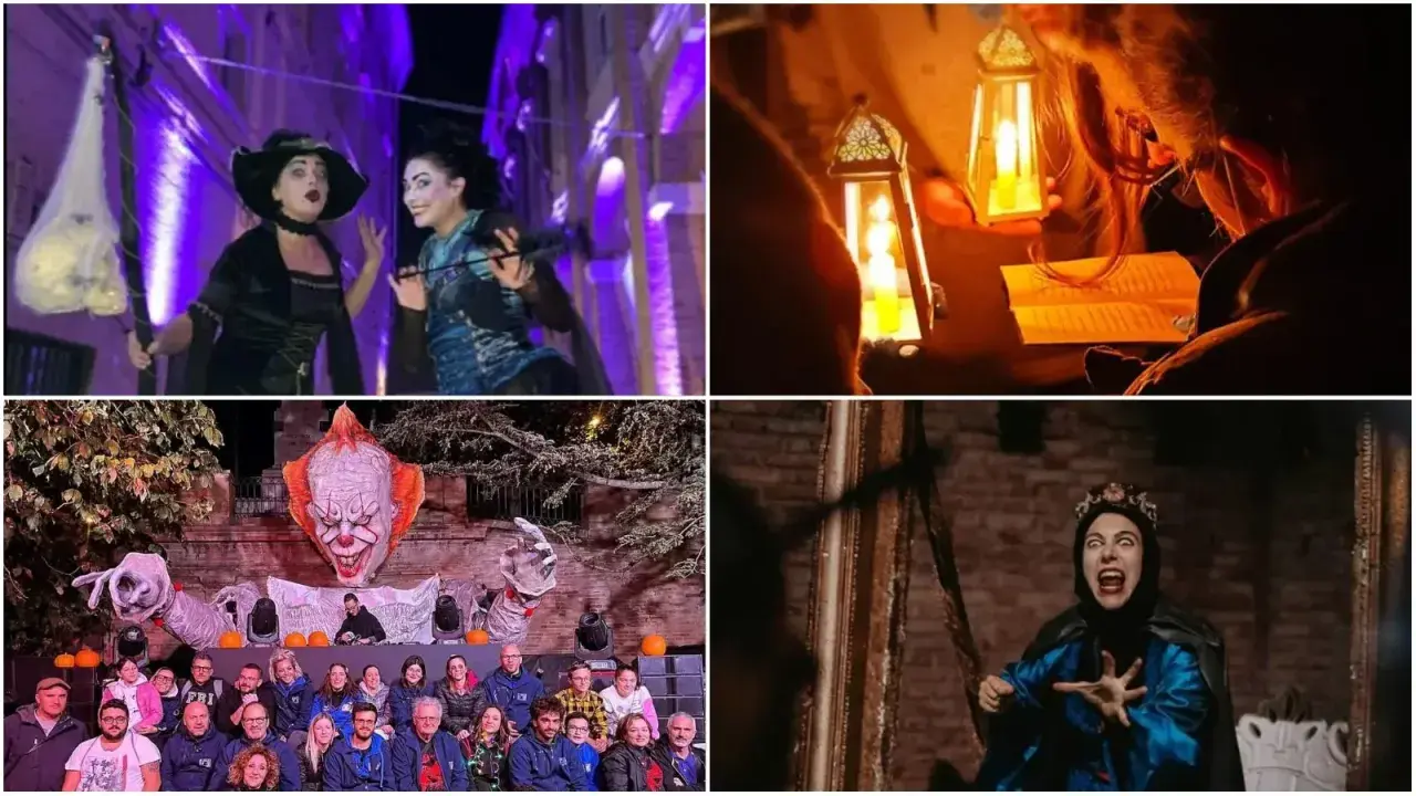Scene di Halloween nelle Marche: streghe, un clown spaventoso, una regina malvagia e un gruppo di persone che leggono alla luce di candele.