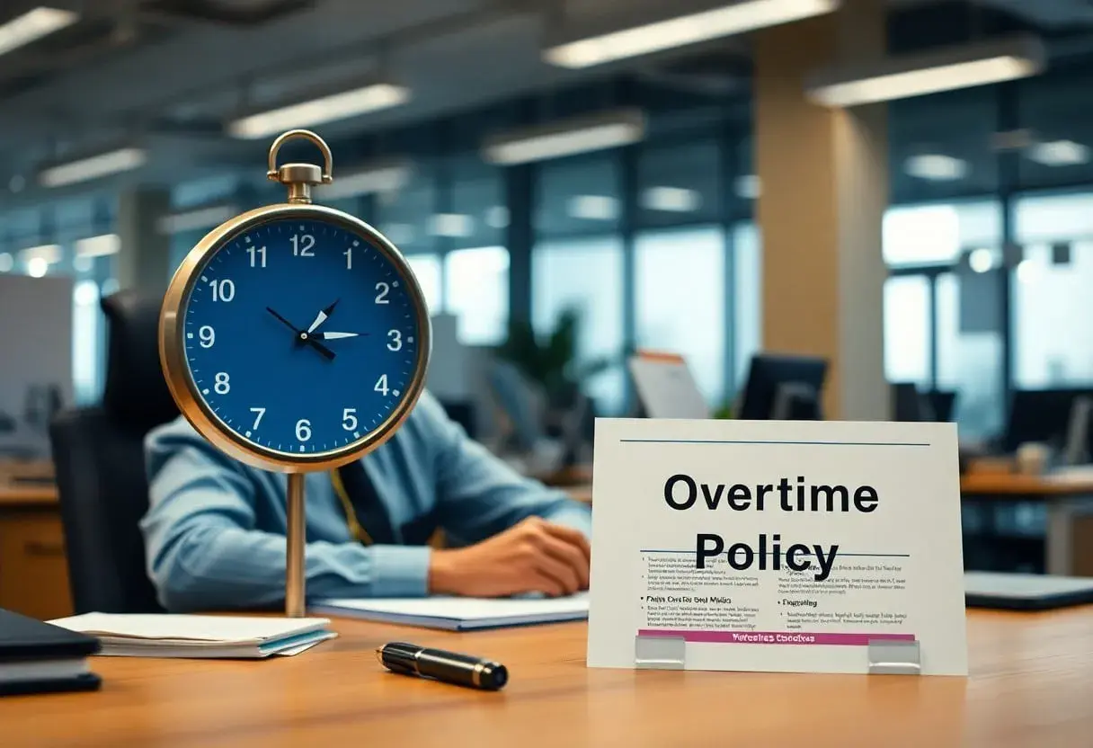 Zegar biurowy i dokument "Overtime Policy" sugerują pytanie: czy pracodawca może zmusić do nadgodzin? Czas nagli, a zasady niejasne.