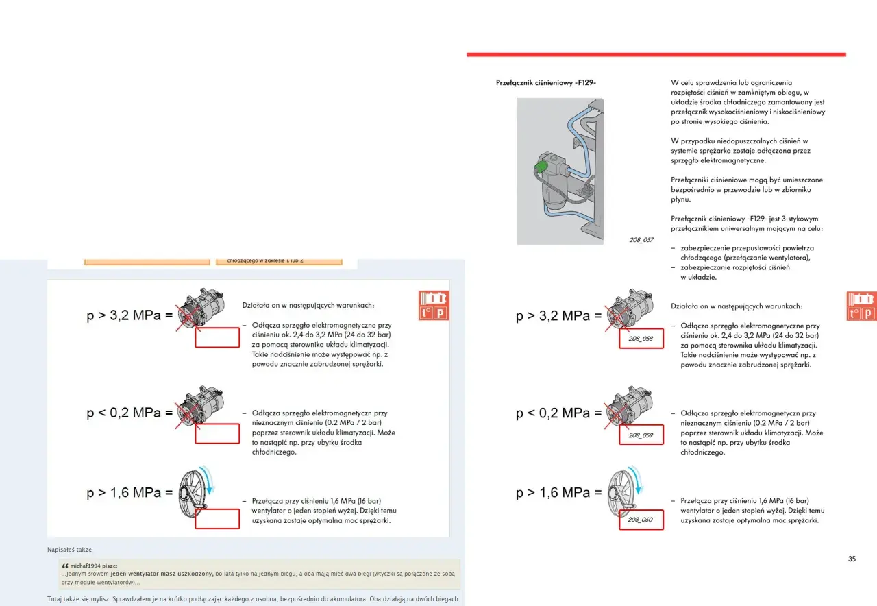 Schemat podłączenia wentylatora chłodnicy na krótko: przełącznik ciśnieniowy F129 odłącza sprzęgło przy nadciśnieniu >3,2 MPa.