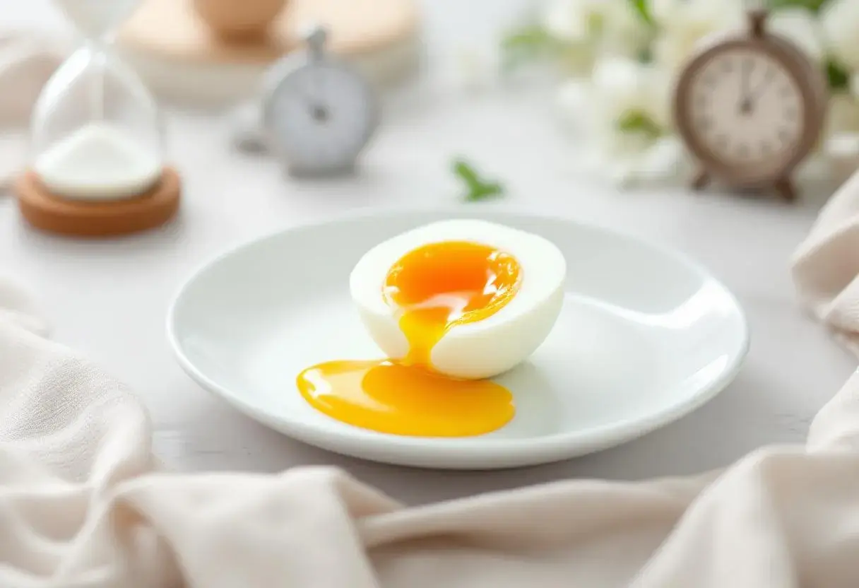Un œuf mi cuit, coupé en deux, dévoile un jaune coulant sur une assiette blanche. Le temps est suspendu, comme l'indiquent les sabliers et réveils en arrière-plan.