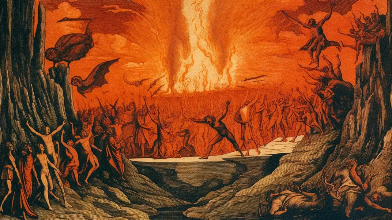 Menschen schreien und strecken die Arme gen Himmel, umgeben von Flammen und Felsen. Ein wahrer ort der verdammnis.