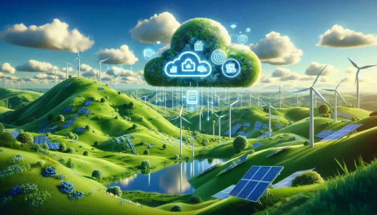 Un paysage verdoyant parsemé d'éoliennes et de panneaux solaires, dominé par un nuage vert symbolisant l'énergie propre et la technologie.