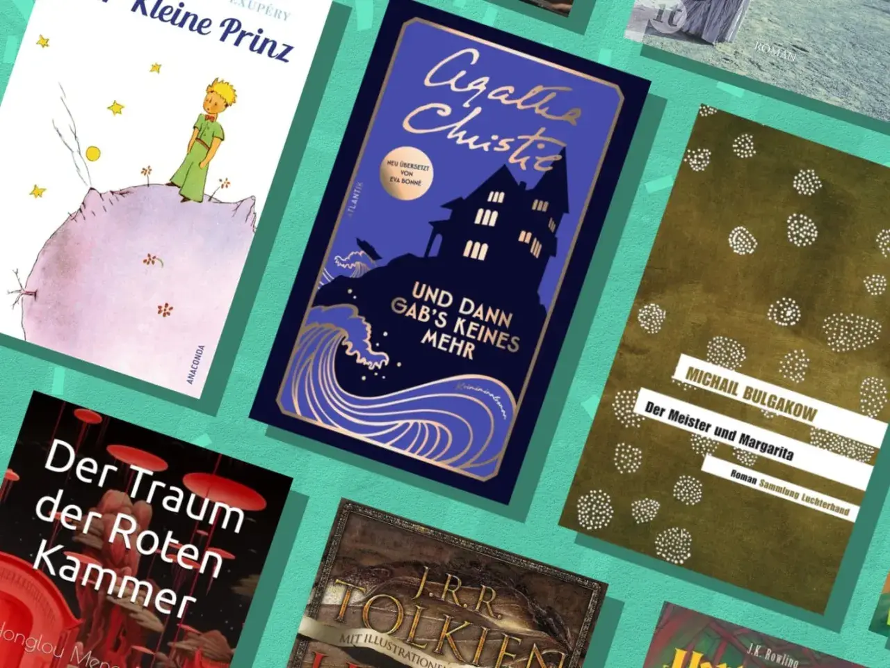 Bücherstapel mit "Der kleine Prinz", Agatha Christie und Bulgakows "Der Meister und Margarita" – eine Belletristik Top 10 Auswahl.