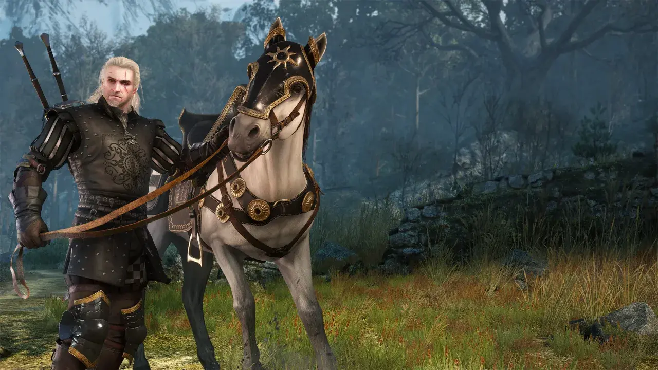 Geralt w zbroi z Wiedźmina 3, obok konia w ozdobnej uprzęży, gotowy na przygodę.
