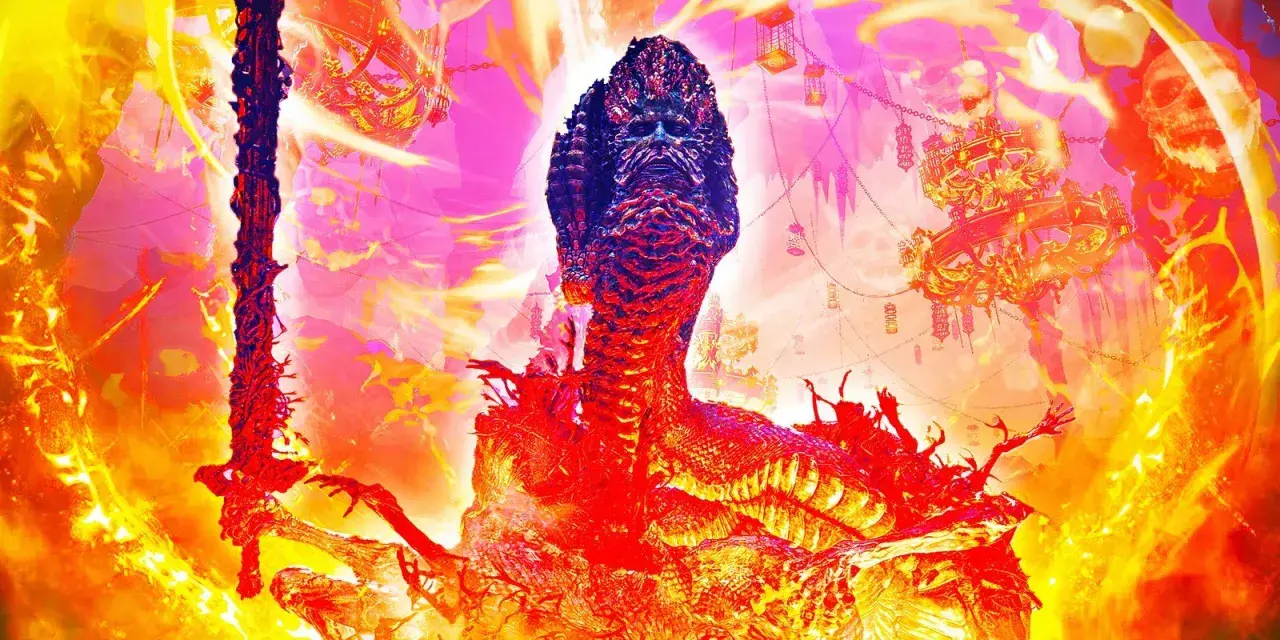 Rykard, Lord of Blasphemy, w płomieniach Elden Ring, z mieczem w dłoni.