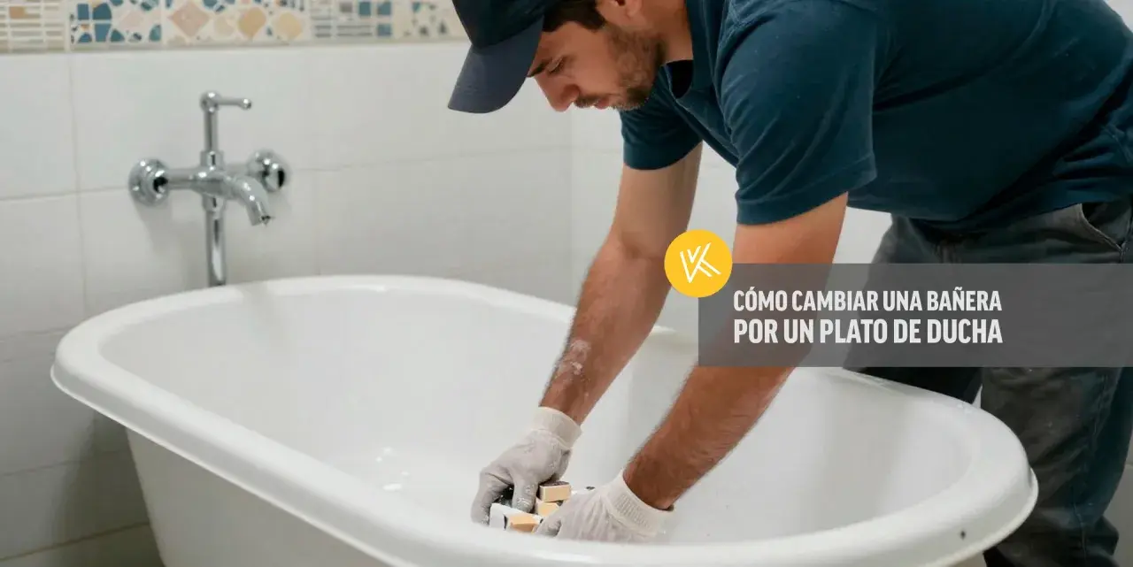 Un hombre con guantes trabaja en una bañera, preparándose para cambiarla por un plato de ducha.