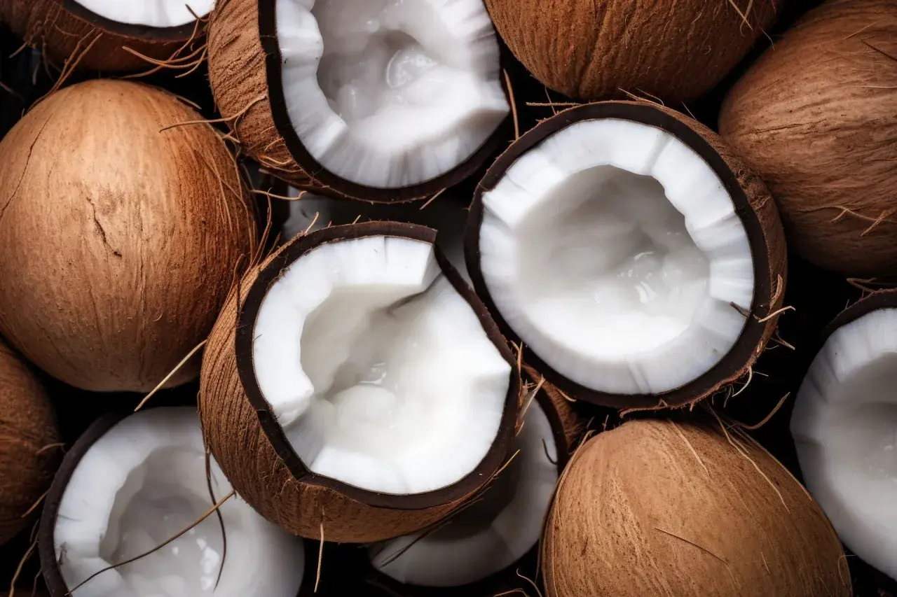 Cocos frescos, algunos enteros y otros partidos, revelan su pulpa blanca y cremosa. Un festín visual que evoca las múltiples propiedades del coco.
