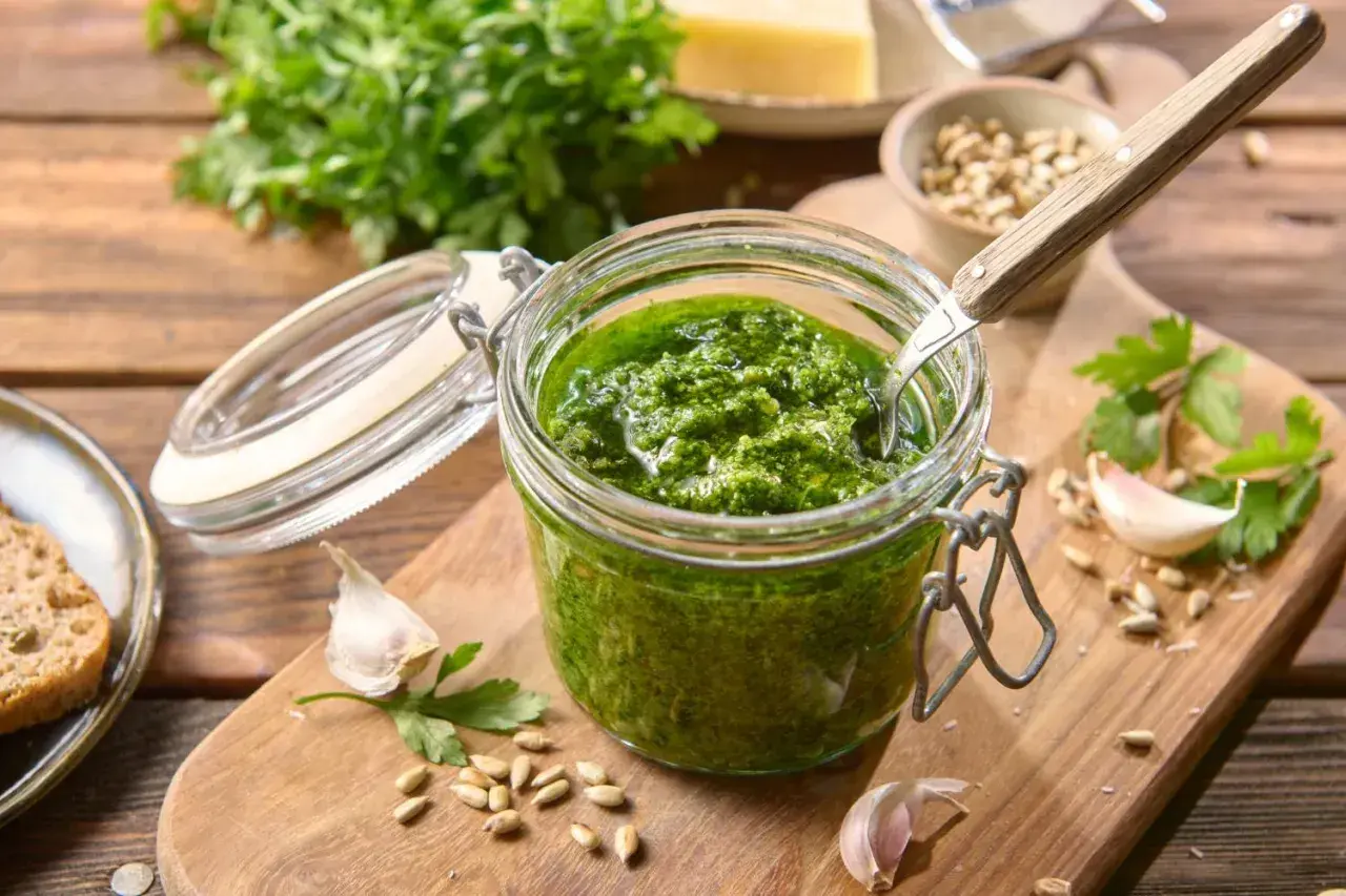 Słoik domowego pesto z pietruszki, obok czosnek, nasiona słonecznika i kromka chleba.