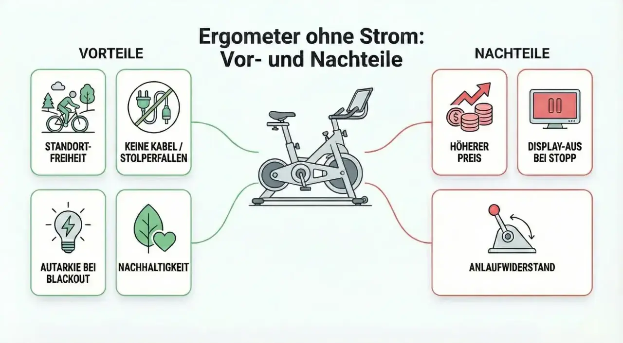 Übersicht über Ergometer ohne Strom: Vorteile wie Standortfreiheit und Nachhaltigkeit, aber auch Nachteile wie höherer Preis und Anlaufwiderstand.