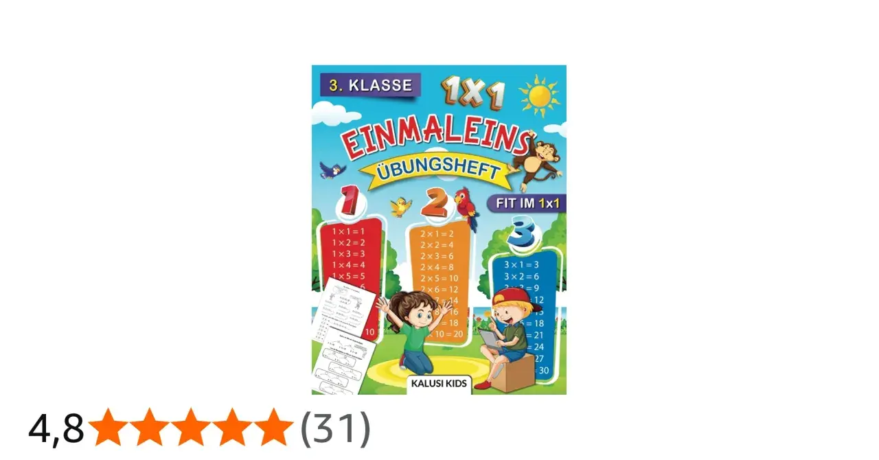 Einmaleins Übungsheft für die 3. Klasse. Kinder lernen spielerisch die kernaufgaben einmaleins mit bunten Illustrationen.