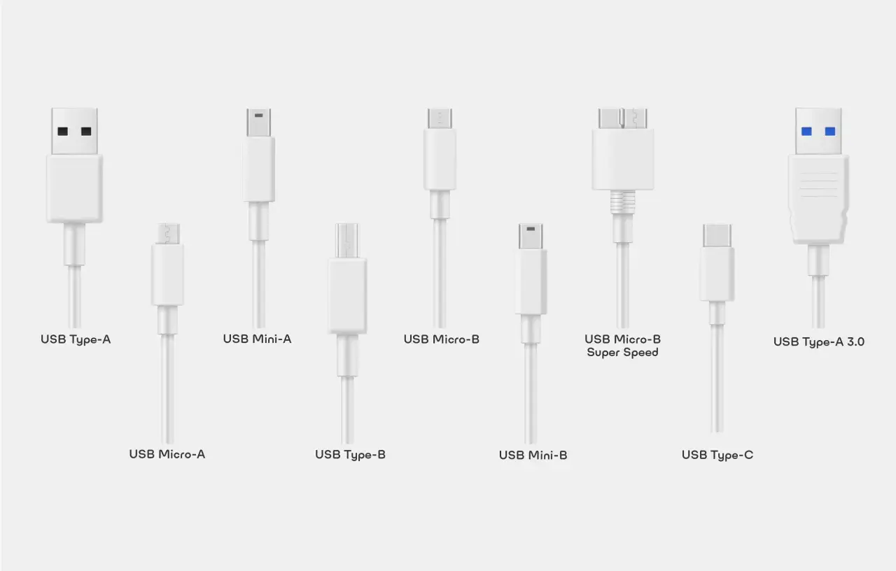 Zestaw białych kabli USB: USB Type-A, Mini-A, Micro-B, Micro-B Super Speed, Type-A 3.0, Micro-A, Type-B, Mini-B, Type-C.