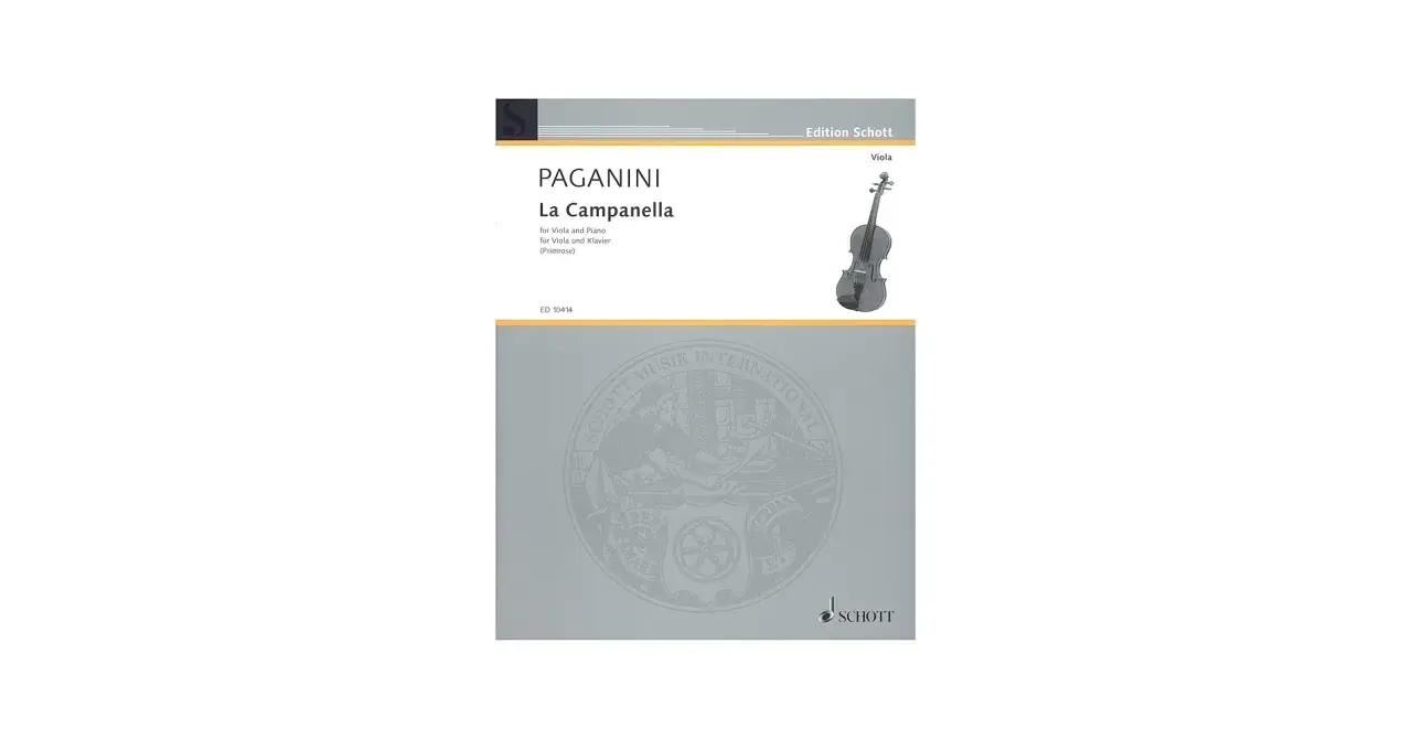 Okładka nut Paganiniego "La Campanella" na altówkę i fortepian, z ilustracją instrumentu.