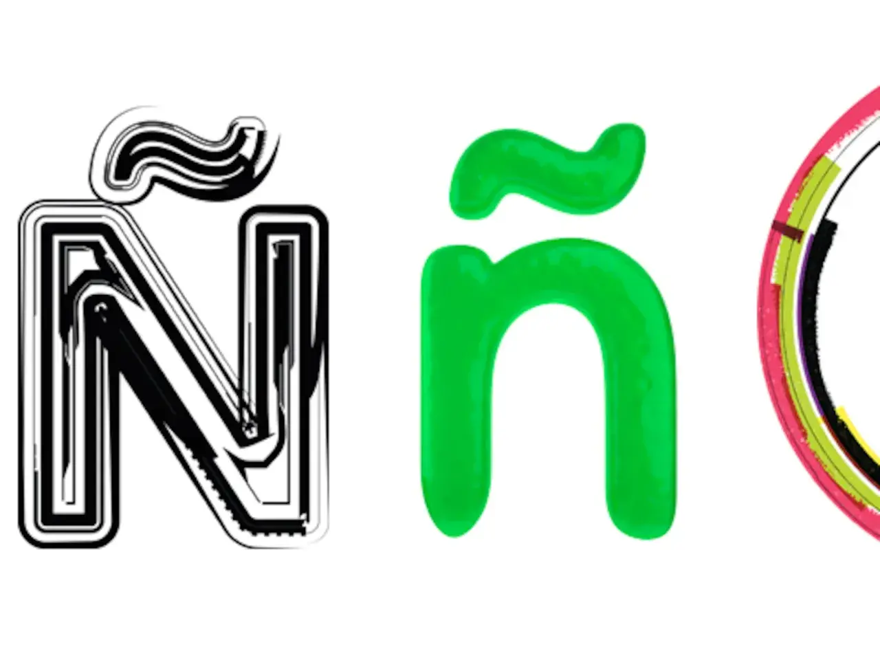 Letras con ñ: una N estilizada en blanco y negro, una ñ verde brillante y un arcoíris de colores.