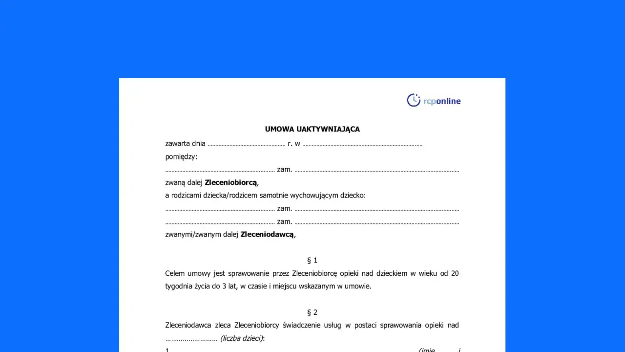 Fragment umowy aktywizującej dla niani z logo "rcponline".