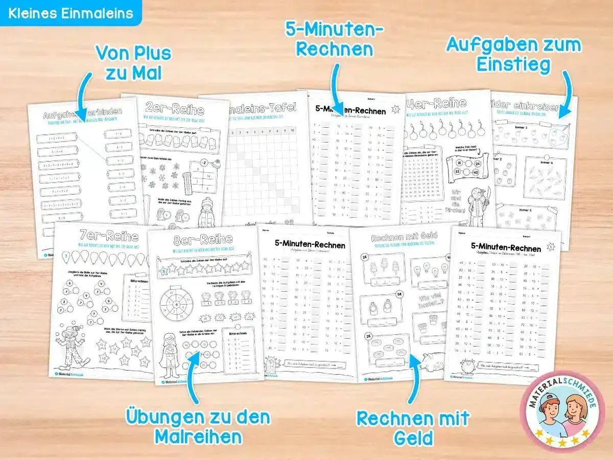 Malaufgaben 3. Klasse zum Ausdrucken: Übungen zu den Einmaleins-Reihen, Plus- und Malaufgaben, Rechnen mit Geld.