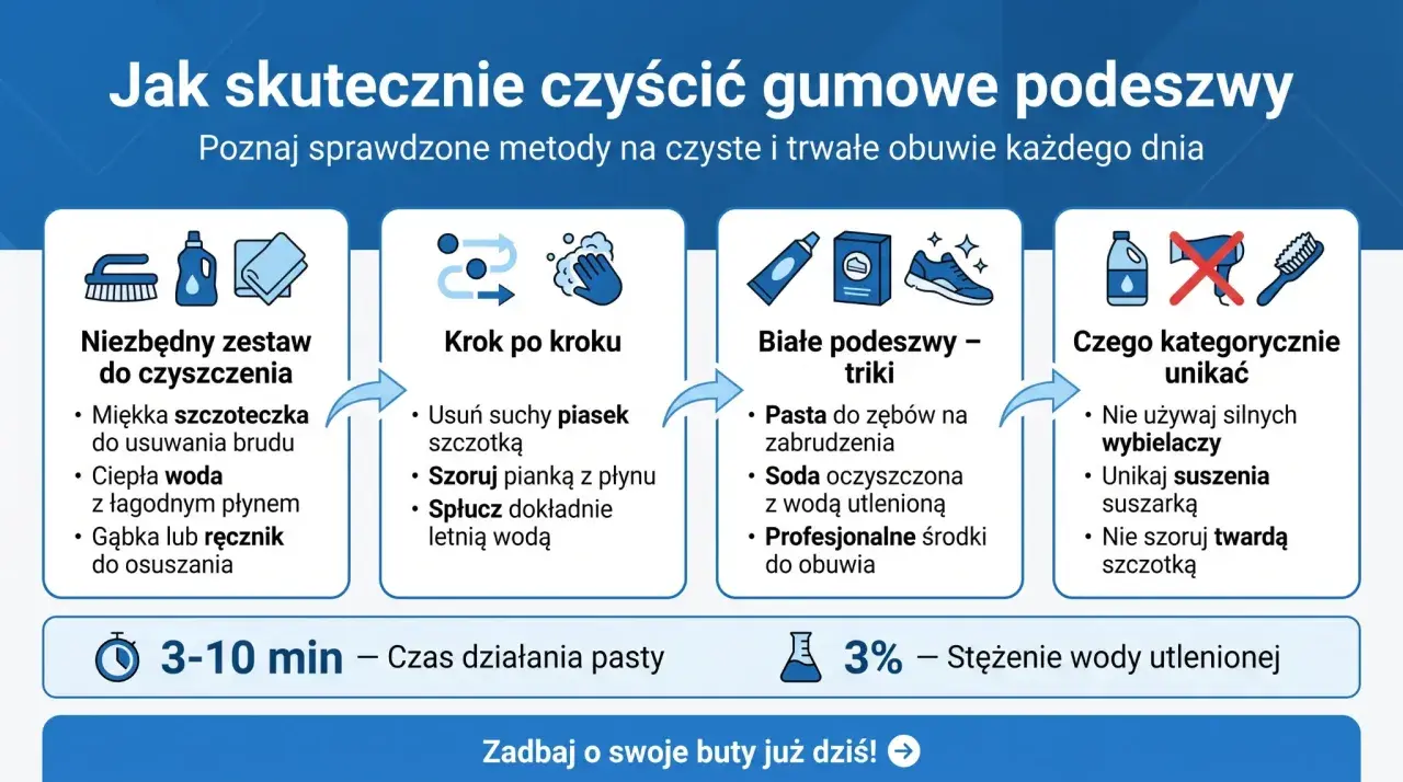 Jak wyczyścić białe podeszwy? Poradnik krok po kroku: zestaw, triki (pasta do zębów, soda) i czego unikać (wybielacze, suszarka).
