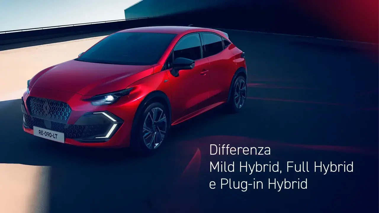 Auto ibrida rossa sportiva parcheggiata su una strada scura, con testo che spiega le differenze tra Mild Hybrid, Full Hybrid e Plug-in Hybrid.