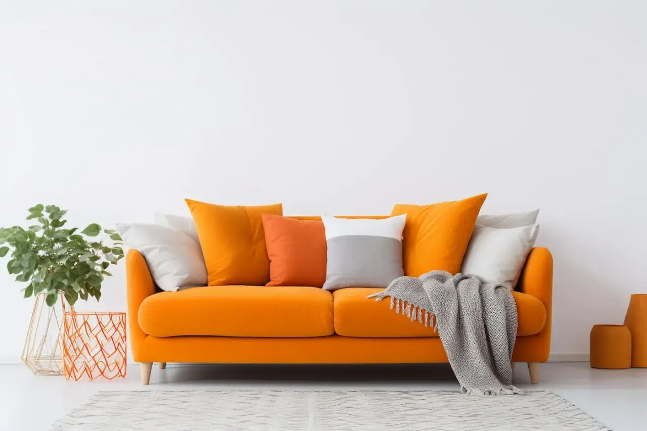 Divano arancione acceso, un'ispirazione per come scegliere il colore del divano. Cuscini colorati e coperta grigia completano l'arredo.