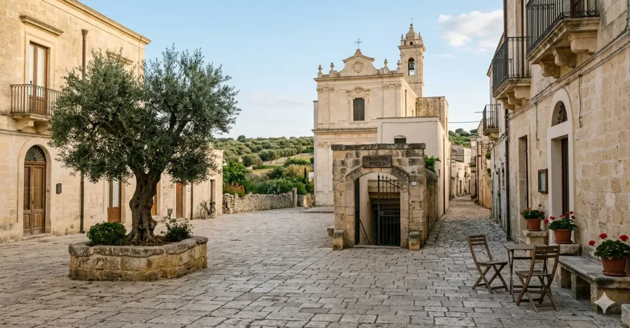 Piazza con ulivo secolare, chiesa barocca e frantoio ipogeo. Un assaggio di entroterra Salento cosa vedere, tra vicoli e storia.