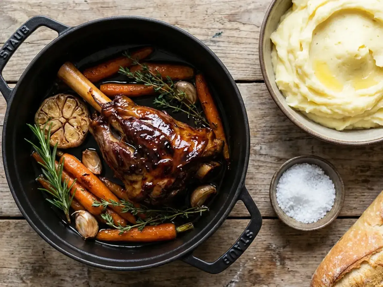 Souris d'agneau au four, caramélisée et tendre, servie avec des carottes rôties, de l'ail confit et du romarin. Accompagnée de purée de pommes de terre et de gros sel.