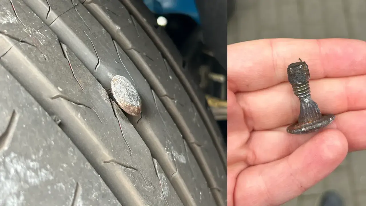 Gwoździu w oponie i wyjęty z niej. To pokazuje, co to jest wulkanizacja – naprawa uszkodzeń opon.