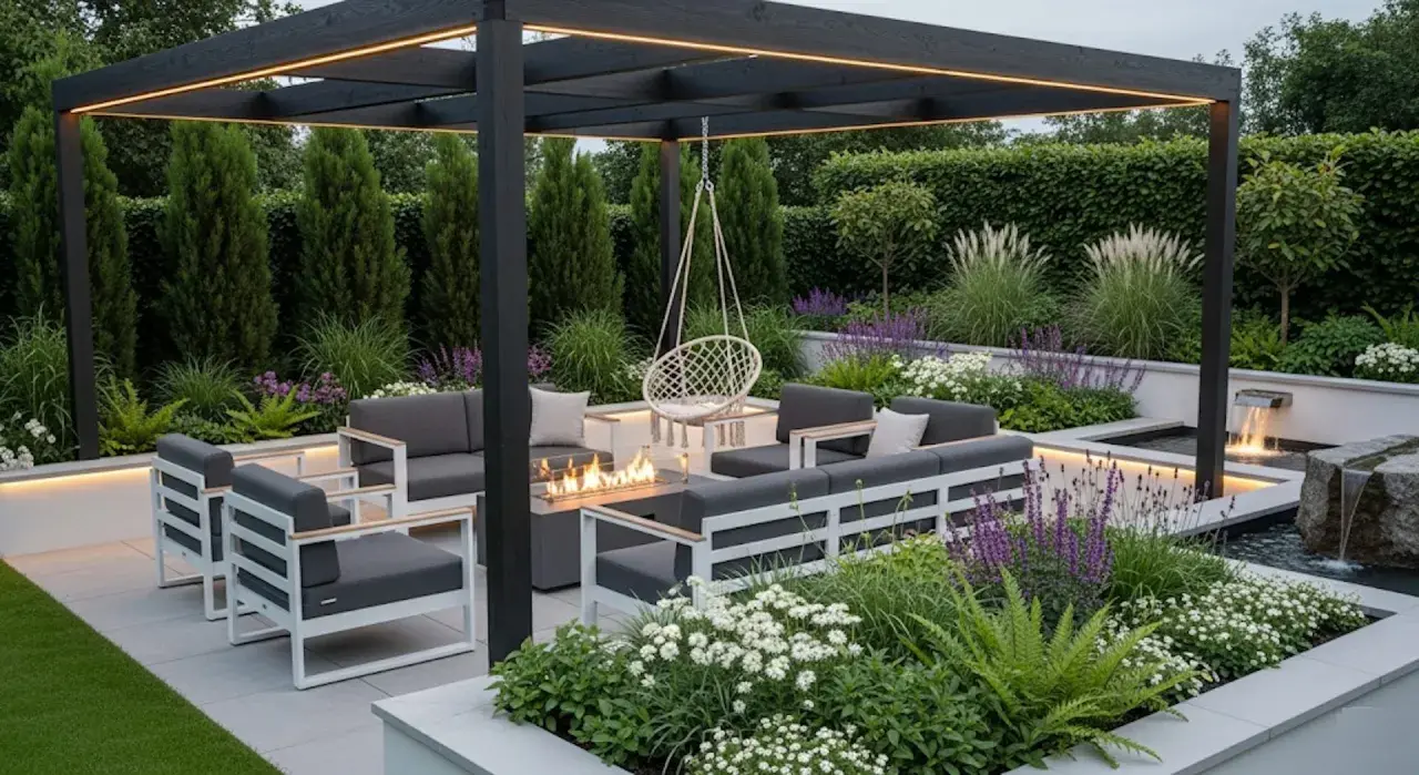 Elegantes patios modernos con asientos modulares, hoguera, columpio y cascada.