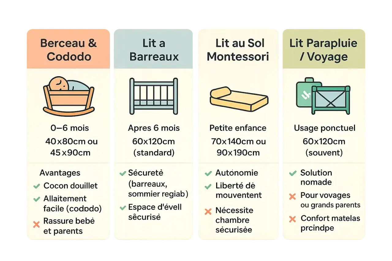 Tableau comparatif des lits pour bébé : berceau (0-6 mois), lit à barreaux (après 6 mois), lit au sol Montessori (petite enfance), lit parapluie (voyage). Il répond à la question : lit bébé jusqu'à quel âge.