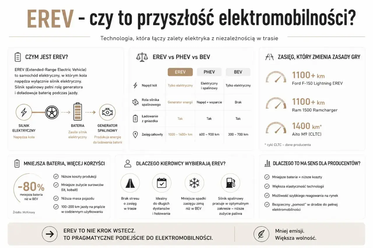 EREV to elektryk z generatorem, który daje zasięg 1100+ km, jak Ford F-150 Lightning EREV. Mniejsza bateria to niższe koszty.