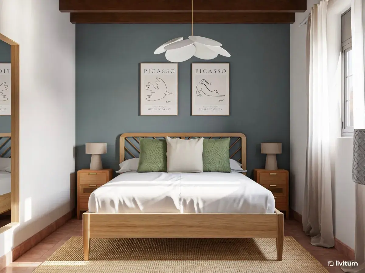 Lámpara de techo de madera sobre una cama con cabecero de diseño. Dos cuadros de Picasso decoran la pared azul.
