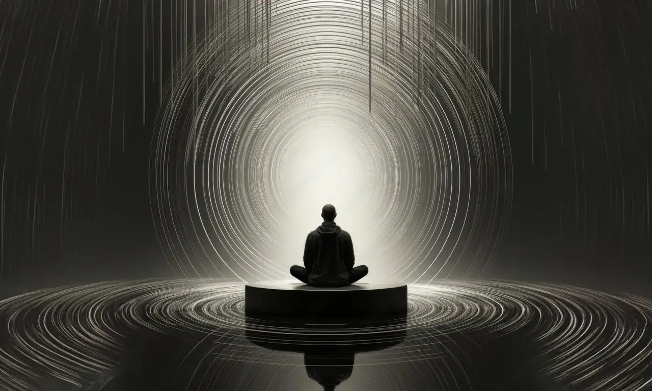 Figura in meditazione al centro di un vortice di luce, alla ricerca dello scopo della vita.