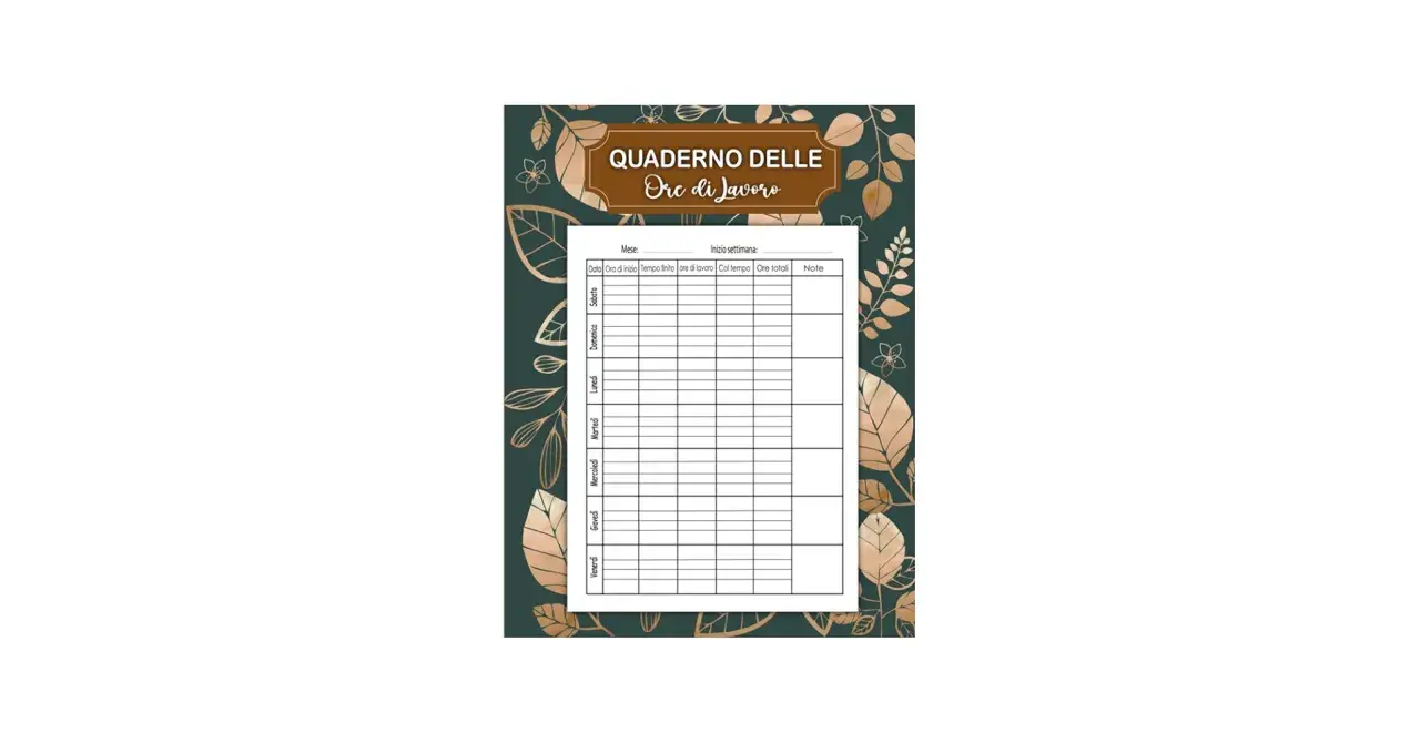 Quaderno per registrare le ore di lavoro, utile per chi fa lavoro a turni. Contiene colonne per data, orari, ore lavorate e totali.