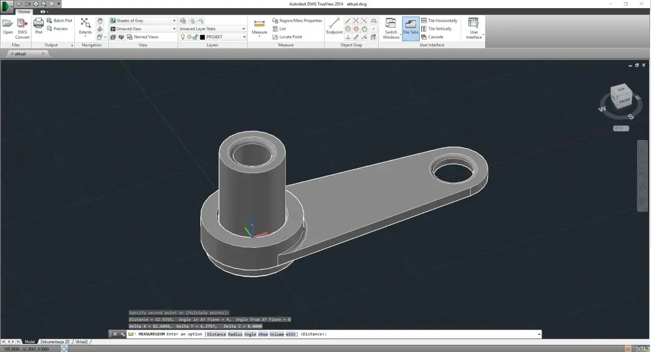 Model 3D elementu mechanicznego w formacie dwg. Widoczny jest cylinder połączony z płaskim ramieniem z otworem.