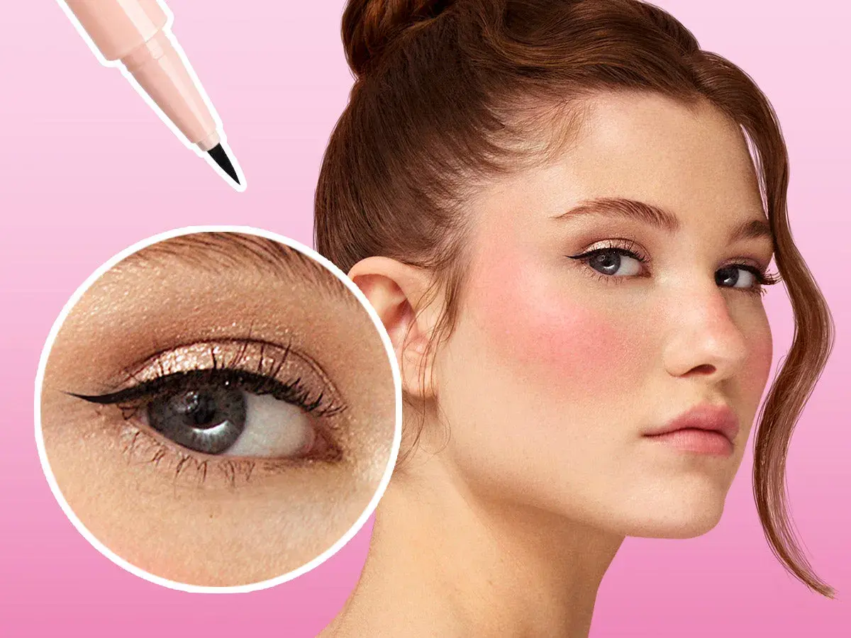 Un trait d'eye liner discret sublime un œil maquillé, accentuant la beauté naturelle. Un applicateur est montré en haut.